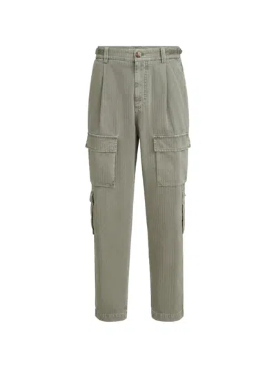 Brunello Cucinelli Cotton Chevron Trousers With Cargo Pockets And Waist Tabs In Green