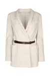 Brunello Cucinelli Waist Belted Jacket With Pockets And Lapel In White