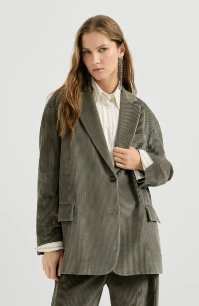 Brunello Cucinelli Cotton Corduroy Blazer With Monili In Green