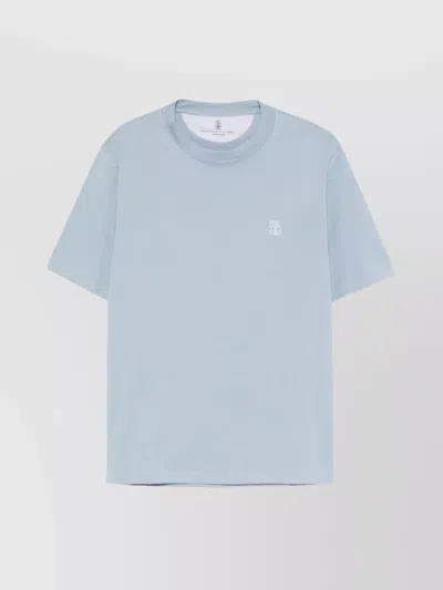 Brunello Cucinelli Cotton Crew Neck T-shirt With Embroidered Detail In Blue