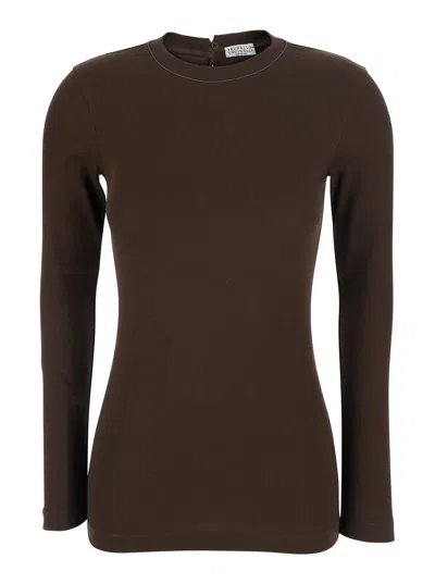 Brunello Cucinelli Cotton Crew Neck T-shirt With Monil Detail And Back Keyhole Closure In Brown