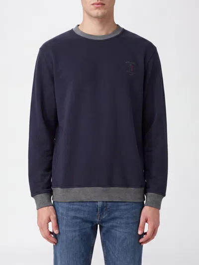 Brunello Cucinelli Cotton Crewneck Sweatshirt With Contrast Embroidered Logo In Blue