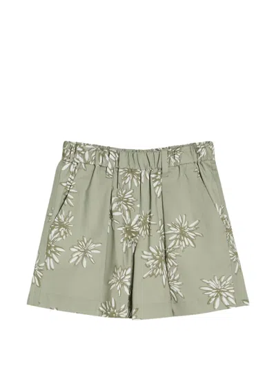Brunello Cucinelli Kids' Cotton Daisy-print Poplin Shorts With Monili In Green