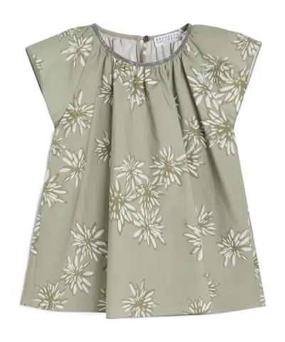 Brunello Cucinelli Kids' Cotton Daisy-print Poplin Top With Monili In Green