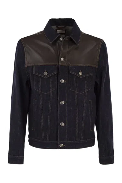 Brunello Cucinelli Cotton Denim Jacket With Leather Details In Blue