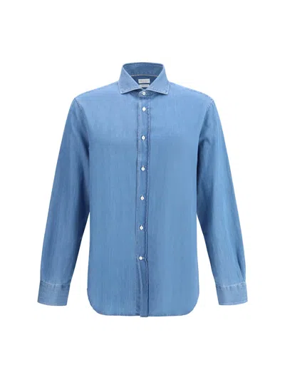 Brunello Cucinelli Men Cotton Denim Shirt In Blue