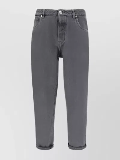 Brunello Cucinelli Cotton Denim Trousers With Back Patch Pockets In Gray