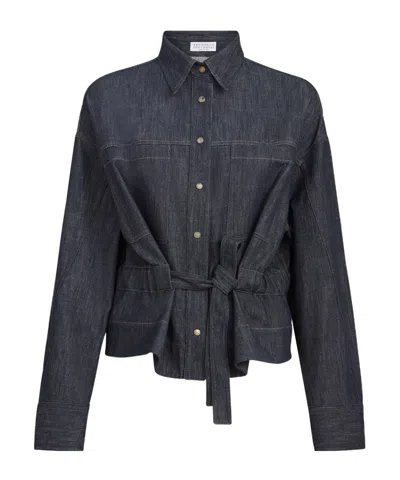 Brunello Cucinelli Cotton Denim-effect Twill Cropped Shirt In Blue