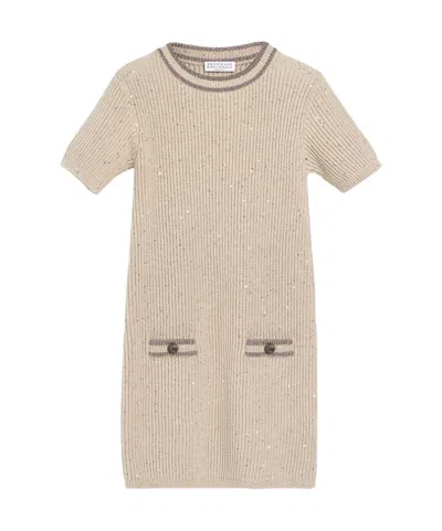Brunello Cucinelli Kids' Cotton Diamond Yarn Rib-knit Dress In Brown