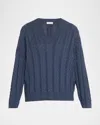 Brunello Cucinelli Cotton Double Cable-knit V-neck Sweater With Micro Pailettes In C2872 Ocean Blue