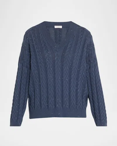 Brunello Cucinelli Cotton Double Cable-knit V-neck Sweater With Micro Pailettes In Blue Colored