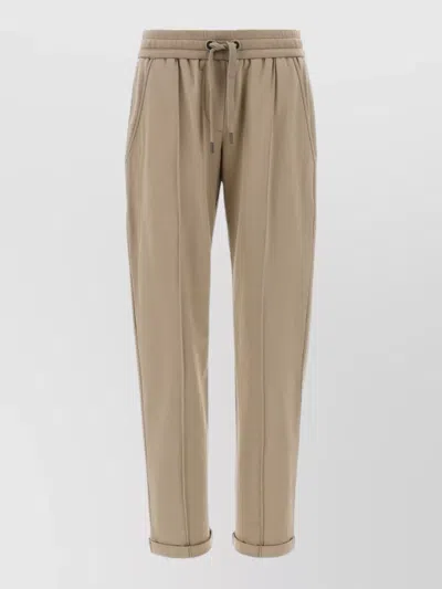Brunello Cucinelli Cotton Drawstring Trousers Side Pockets Cuffed Hem In Neutral