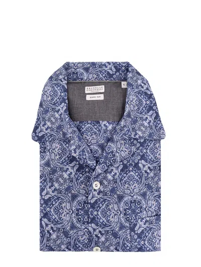 Brunello Cucinelli Cotton Easy Fit Shirt With All-over Print In Blue