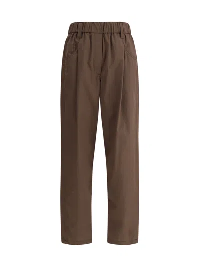 Brunello Cucinelli Brown Pants With Elastic Drawstring Waist And Monil Detail On The Side In Cotton Blend Woman