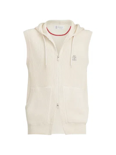 Brunello Cucinelli Cotton English Rib Knit Hooded Vest With Logo And Zipper In White