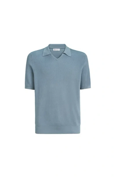 Brunello Cucinelli Cotton English Rib Knit Polo In Blue
