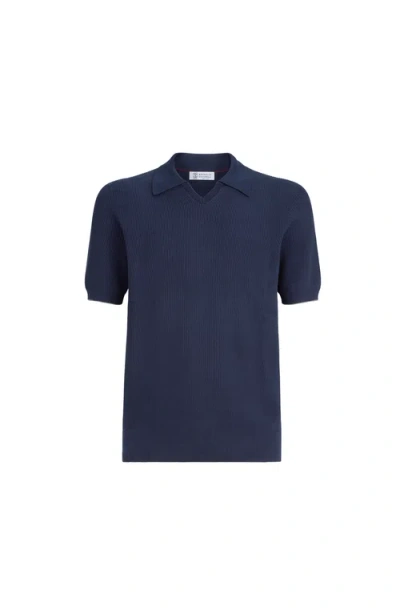 Brunello Cucinelli Cotton English Rib Knit Polo In Blue