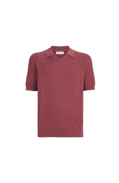 Brunello Cucinelli Cotton English Rib Knit Polo In Burgundy