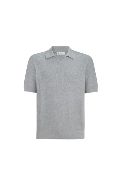 Brunello Cucinelli Cotton English Rib Knit Polo In Gray
