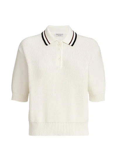 Brunello Cucinelli Cotton English Rib Knit Polo Shirt In White