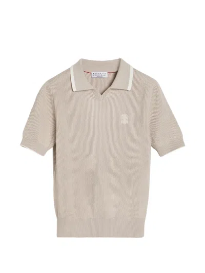 Brunello Cucinelli Kids' Cotton English Rib Knit Polo Shirt With Logo In Neutral