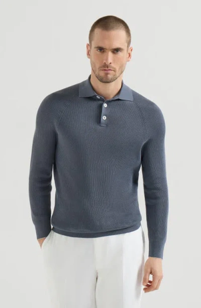 Brunello Cucinelli Cotton English Rib Knit Polo With Long Raglan Sleeves In Black