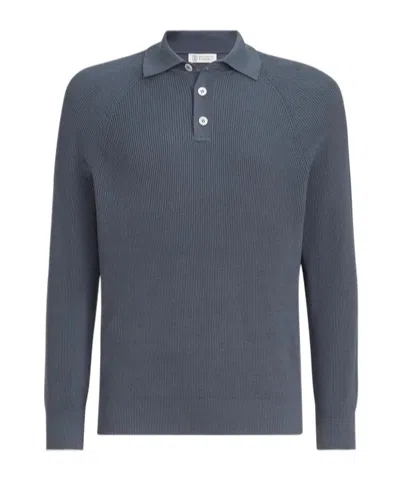 Brunello Cucinelli Cotton English Rib Knit Polo With Long Raglan Sleeves In Blue