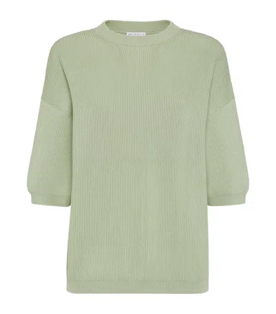 Brunello Cucinelli Cotton English Rib Monili Sweater In Mint Green