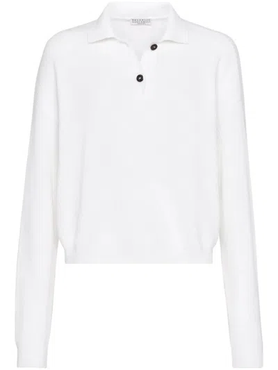 BRUNELLO CUCINELLI COTTON ENGLISH RIB POLO-STYLE SWEATER WITH MONILI