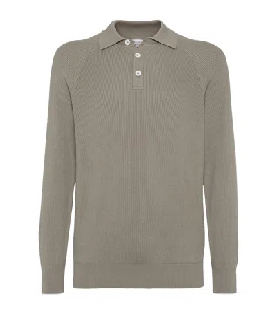 Brunello Cucinelli Cotton English-rib Polo Sweater In Neutrals