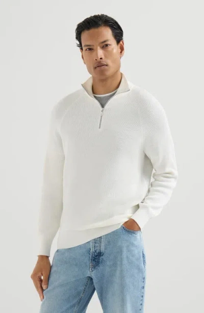 Brunello Cucinelli Cotton English Rib Sweater With Half Zip And Raglan Sleeves In Neutral