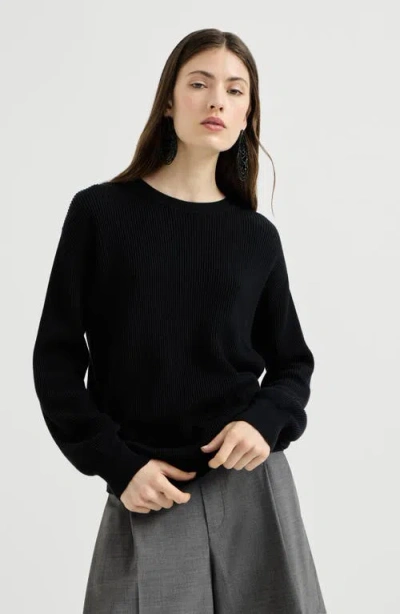 Brunello Cucinelli Cotton English Rib Sweater With Monili In Black