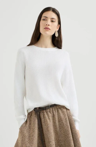 Brunello Cucinelli Cotton English Rib Sweater With Monili In White