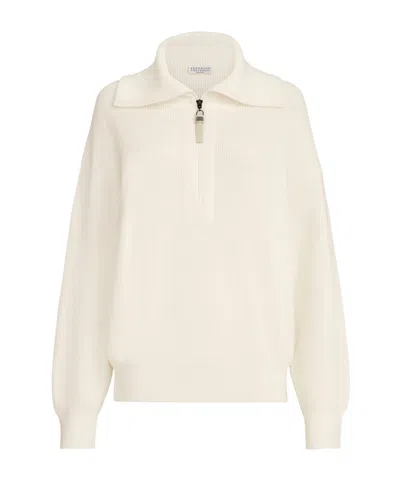 Brunello Cucinelli Cotton English Rib Sweater With Shiny Zipper Pull In White