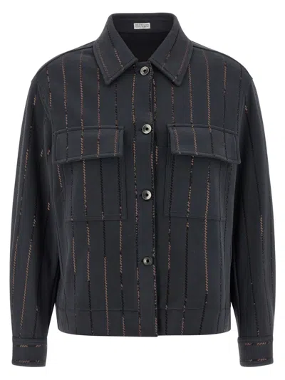 Brunello Cucinelli Cotton Fleece Shirt With Striped Sequin In Black