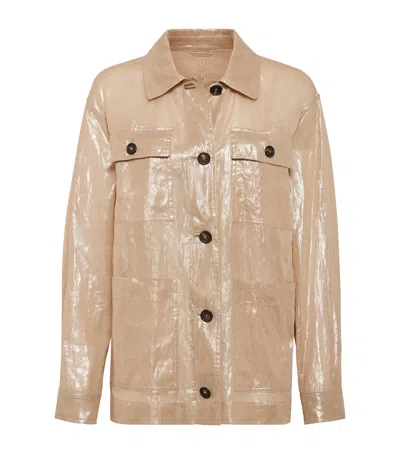 Brunello Cucinelli Cotton Gauze Lamé Shirt Jacket In Sand