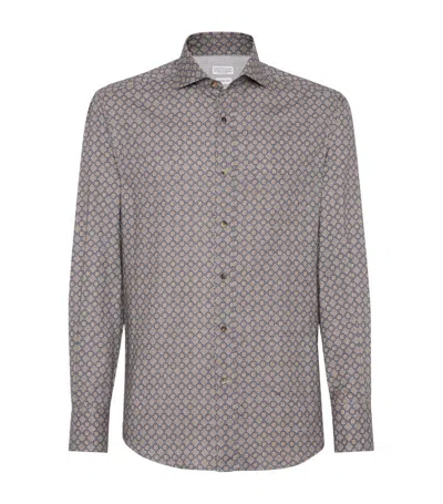 Brunello Cucinelli Cotton Geometric Print Slim-fit Shirt In Lead