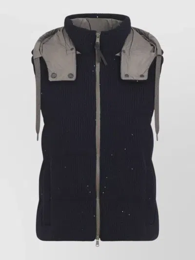 Brunello Cucinelli Cotton Gilet Hood Feather Quilted Collar In Multi