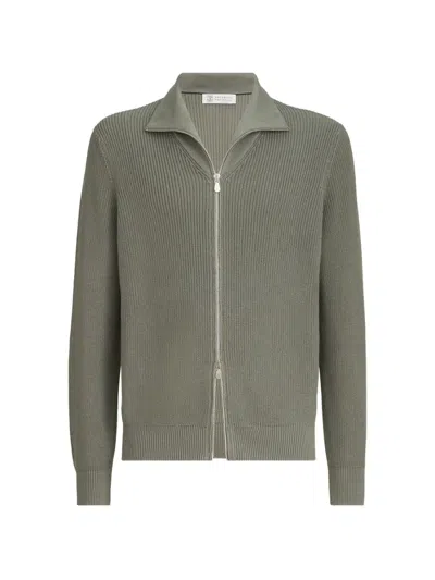 Brunello Cucinelli Cotton Half English Rib Cardigan With Zipper In Green