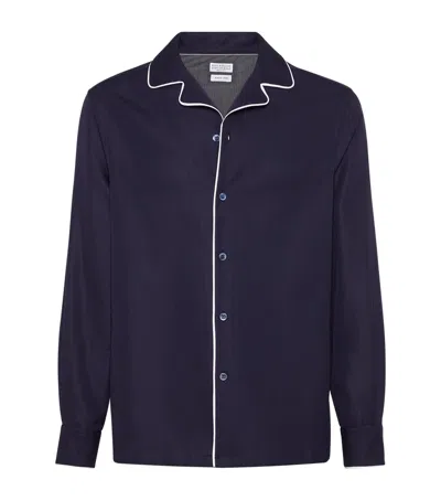 Brunello Cucinelli Cotton Honeycomb Piped Shirt In Blue