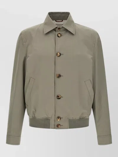Brunello Cucinelli Cotton Jacket Long Sleeves Ribbed Hem Pockets In Green