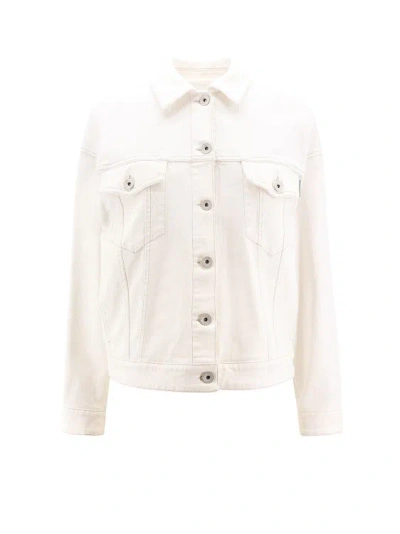 Brunello Cucinelli Cotton Jacket With Stitching And Monili Detail In White