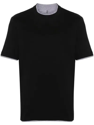 Brunello Cucinelli Cotton Jersey Crew Neck T-shirt With Faux-layering In Black