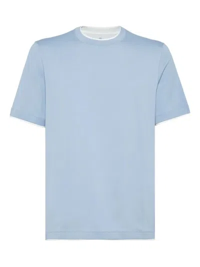 Brunello Cucinelli Cotton Jersey Crew Neck T-shirt With Faux-layering Clothing In Blue