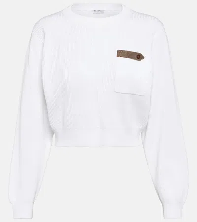 Brunello Cucinelli Cotton Jersey Cropped Sweater In Bianco