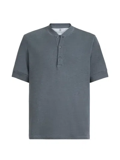 Brunello Cucinelli Cotton Waffle Jersey T-shirt With Henley Collar In Blue