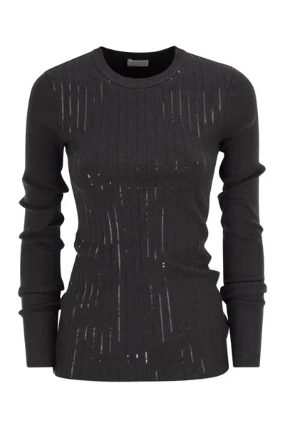 BRUNELLO CUCINELLI BRUNELLO CUCINELLI COTTON JERSEY T-SHIRT WITH DAZZLING CHALK STRIPE EMBROIDERY