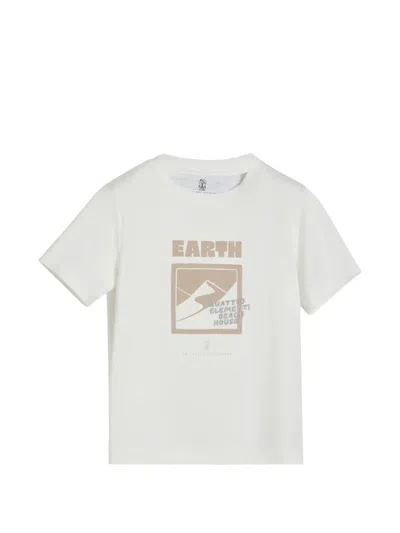 Brunello Cucinelli Kids' Cotton Jersey T-shirt With 'earth' Motif In Neutral