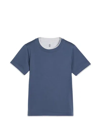 Brunello Cucinelli Kids' Cotton Jersey T-shirt With Faux-layering In Blue
