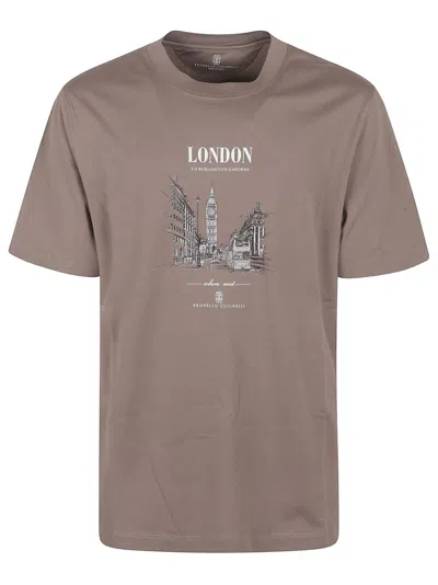 Brunello Cucinelli Cotton Jersey T-shirt With London Tribute Print In Neutrals